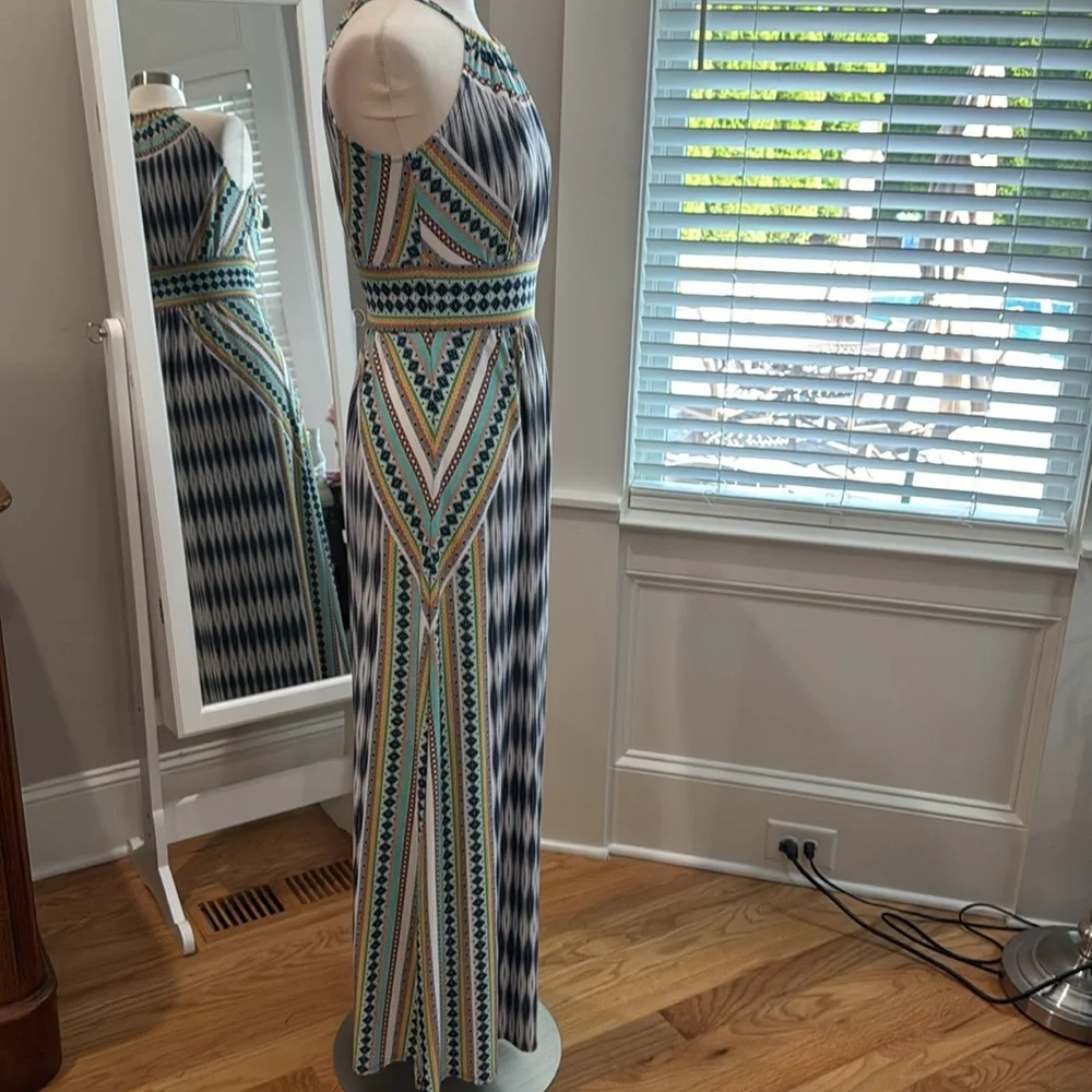 London Times Blue and White Halter Sheath Maxi Dress - Picture 4 of 8